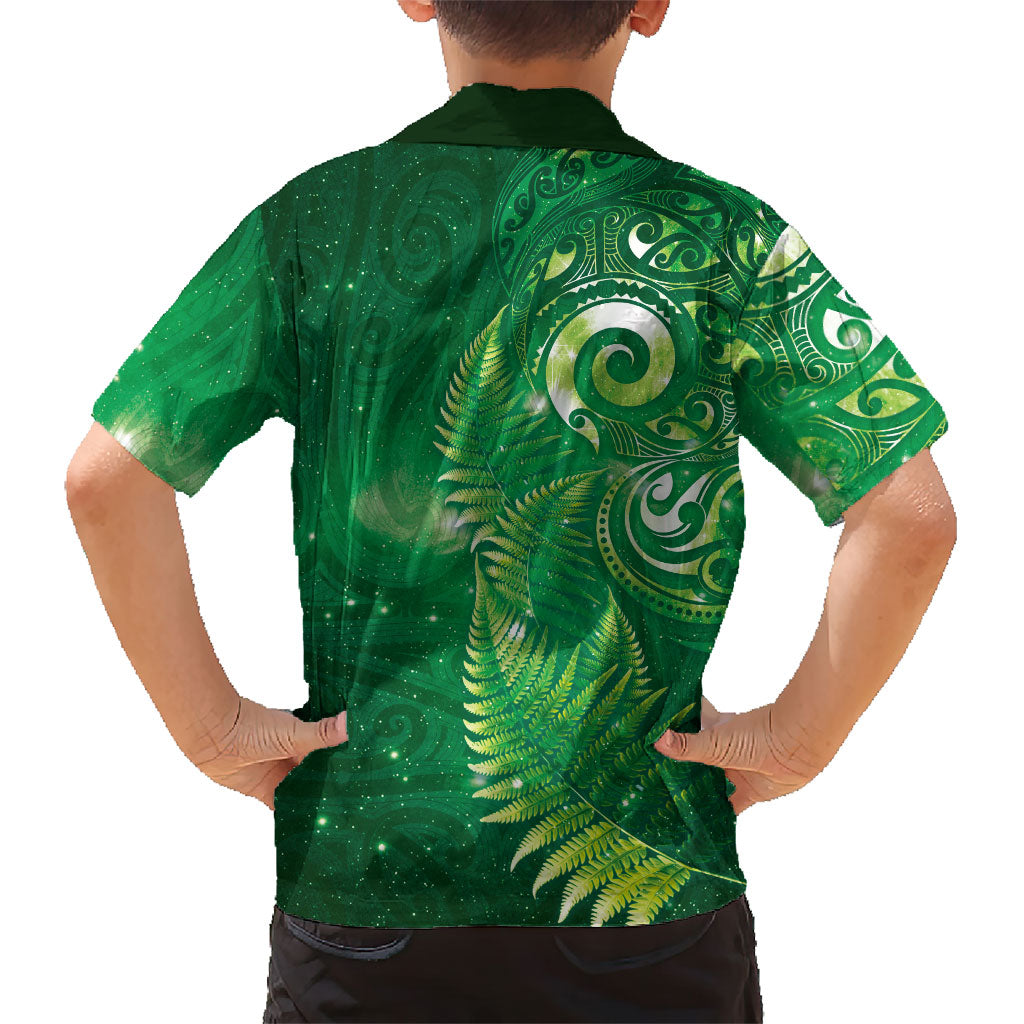 Aotearoa New Zealand New Year Family Matching Long Sleeve Bodycon Dress and Hawaiian Shirt Tribal Koru Tattoo Green Galaxy Maori Silver Fern LT03 - Polynesian Pride