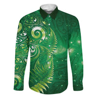 Aotearoa New Zealand New Year Family Matching Long Sleeve Bodycon Dress and Hawaiian Shirt Tribal Koru Tattoo Green Galaxy Maori Silver Fern LT03 Dad's Shirt - Long Sleeve Green - Polynesian Pride