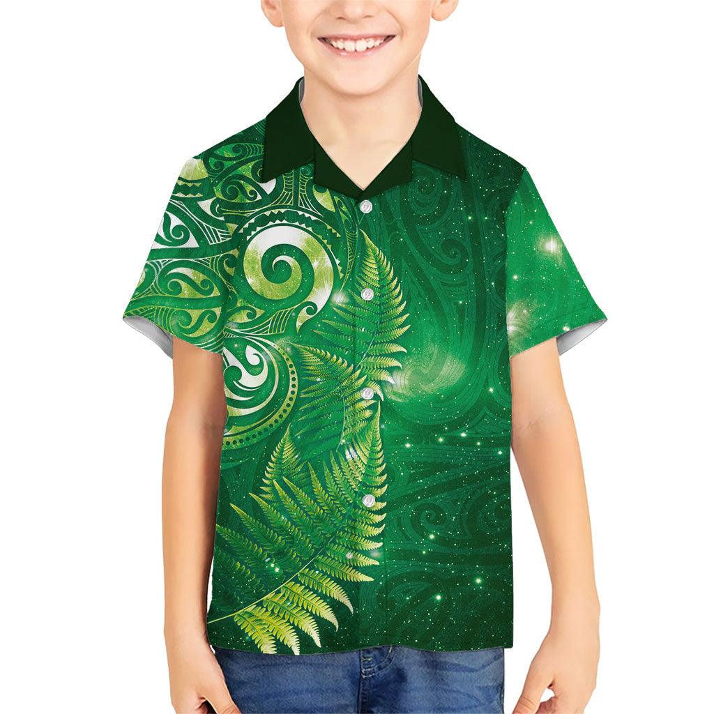 Aotearoa New Zealand New Year Family Matching Long Sleeve Bodycon Dress and Hawaiian Shirt Tribal Koru Tattoo Green Galaxy Maori Silver Fern LT03 Son's Shirt Green - Polynesian Pride