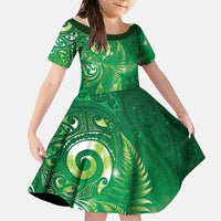 Aotearoa New Zealand New Year Family Matching Mermaid Dress and Hawaiian Shirt Tribal Koru Tattoo Green Galaxy Maori Silver Fern LT03 Daughter's Dress Green - Polynesian Pride