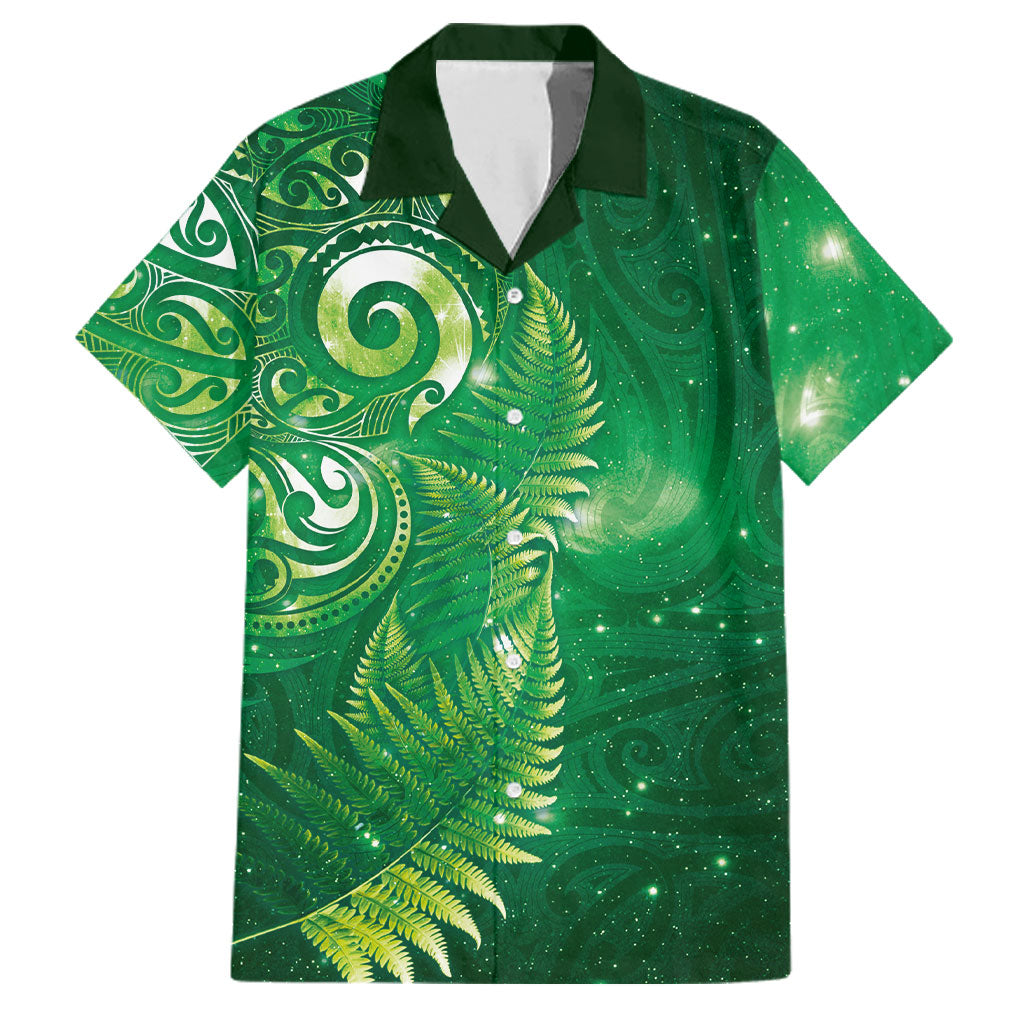 Aotearoa New Zealand New Year Family Matching Off Shoulder Short Dress and Hawaiian Shirt Tribal Koru Tattoo Green Galaxy Maori Silver Fern LT03 Dad's Shirt - Short Sleeve Green - Polynesian Pride