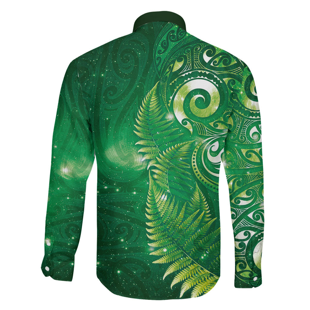 Aotearoa New Zealand New Year Family Matching Off Shoulder Short Dress and Hawaiian Shirt Tribal Koru Tattoo Green Galaxy Maori Silver Fern LT03 - Polynesian Pride