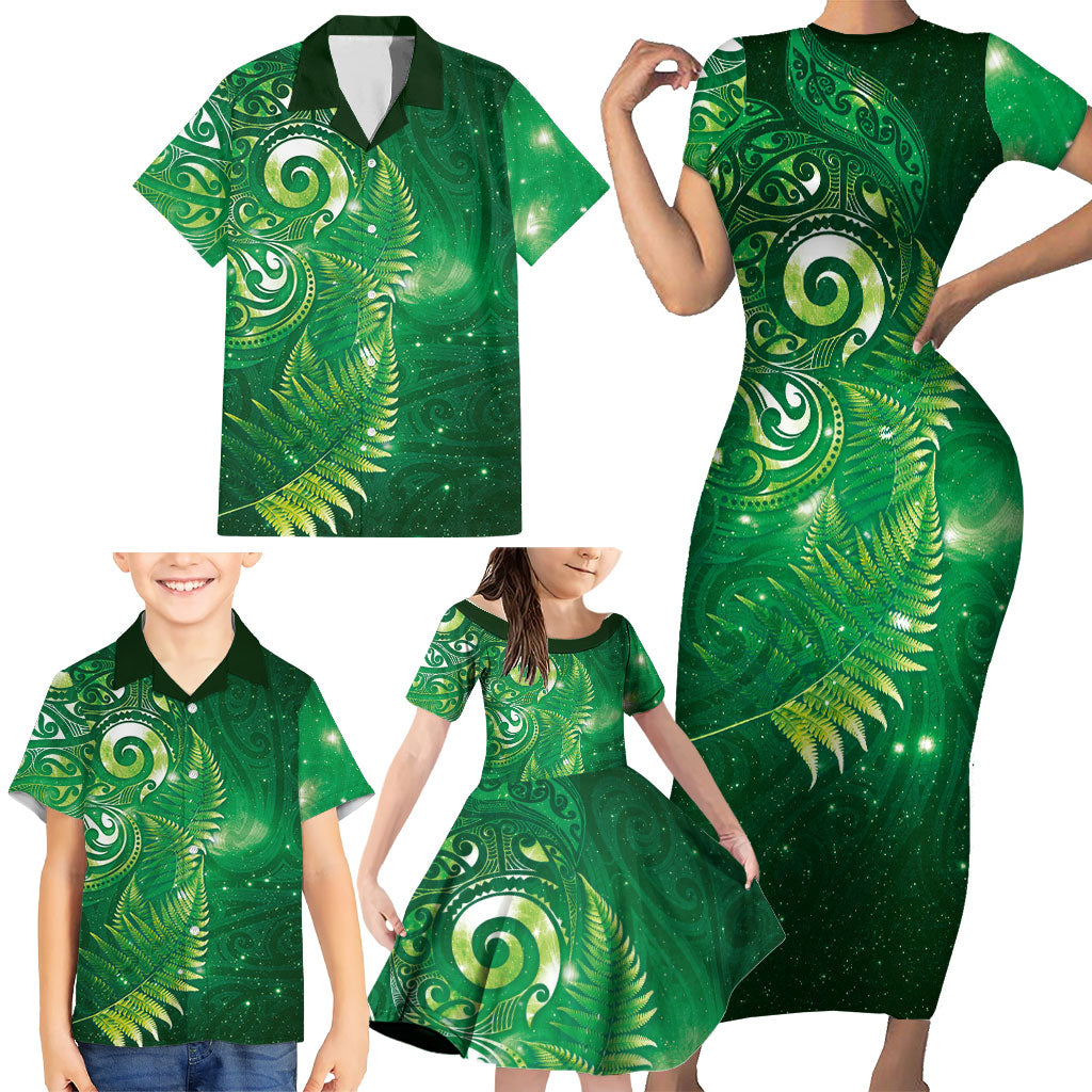 Aotearoa New Zealand New Year Family Matching Short Sleeve Bodycon Dress and Hawaiian Shirt Tribal Koru Tattoo Green Galaxy Maori Silver Fern LT03 - Polynesian Pride