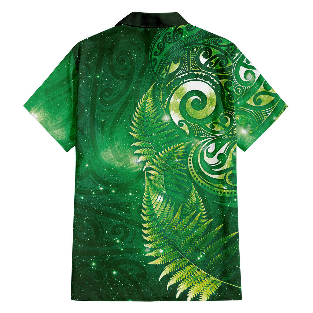 Aotearoa New Zealand New Year Family Matching Short Sleeve Bodycon Dress and Hawaiian Shirt Tribal Koru Tattoo Green Galaxy Maori Silver Fern LT03 - Polynesian Pride