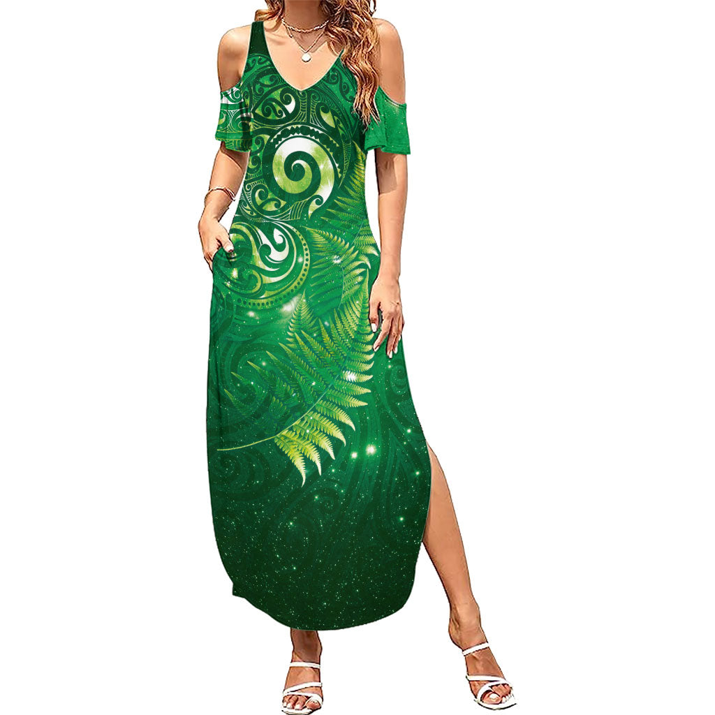 Aotearoa New Zealand New Year Family Matching Summer Maxi Dress and Hawaiian Shirt Tribal Koru Tattoo Green Galaxy Maori Silver Fern LT03 Mom's Dress Green - Polynesian Pride