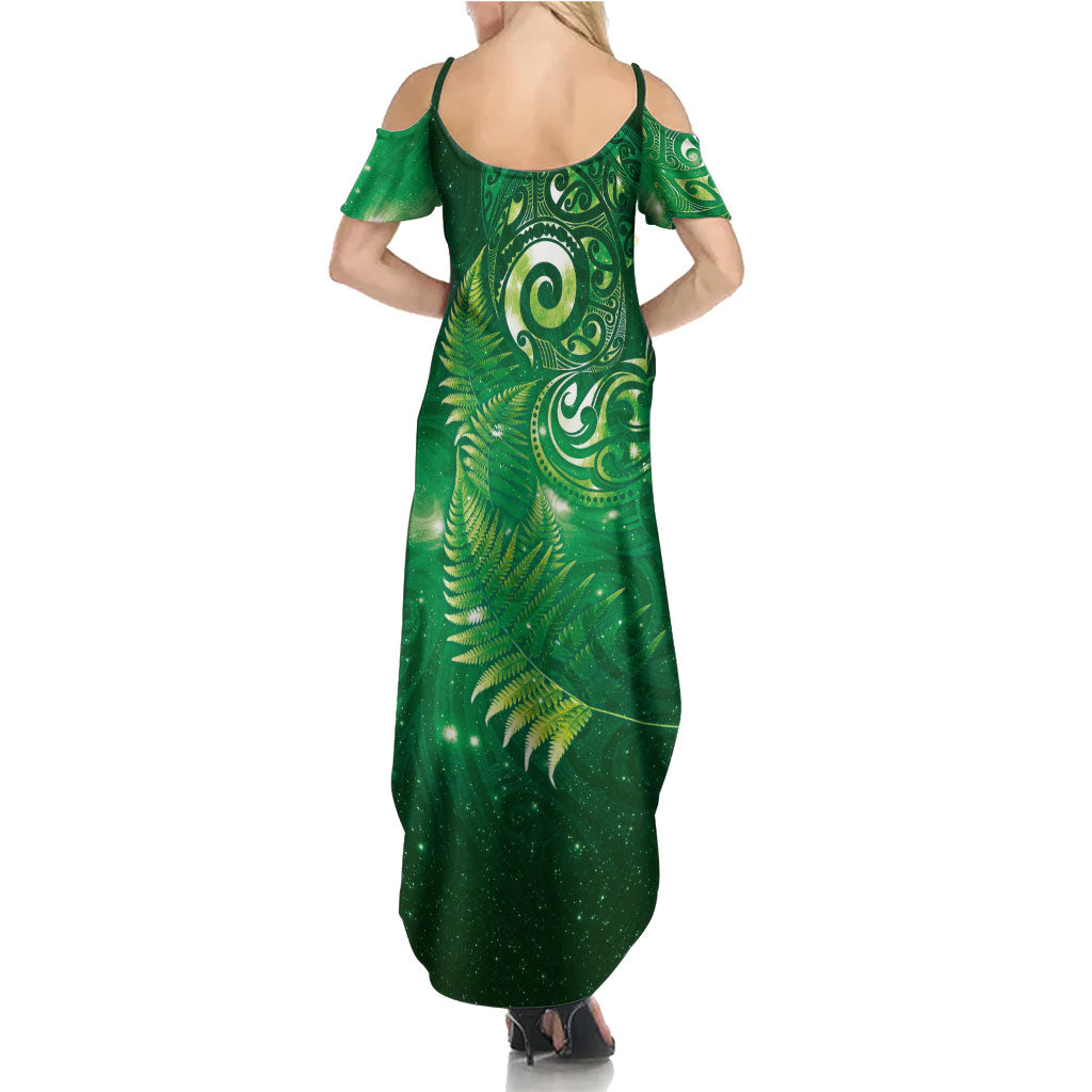 Aotearoa New Zealand New Year Family Matching Summer Maxi Dress and Hawaiian Shirt Tribal Koru Tattoo Green Galaxy Maori Silver Fern LT03 - Polynesian Pride