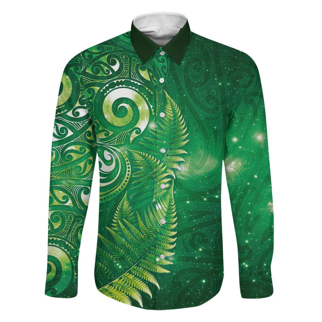 Aotearoa New Zealand New Year Family Matching Tank Maxi Dress and Hawaiian Shirt Tribal Koru Tattoo Green Galaxy Maori Silver Fern LT03 Dad's Shirt - Long Sleeve Green - Polynesian Pride
