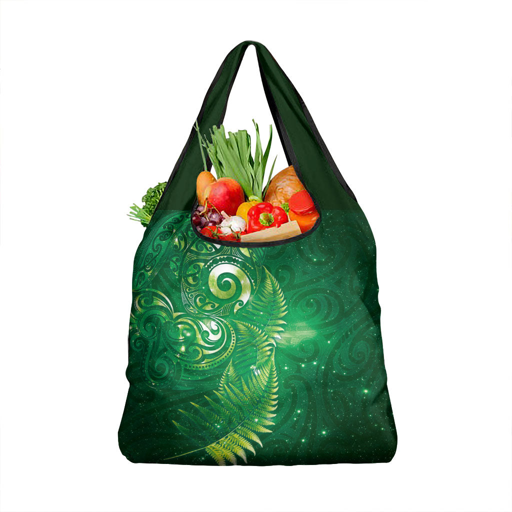 Aotearoa New Zealand New Year Grocery Bag Tribal Koru Tattoo Green Galaxy Maori Silver Fern