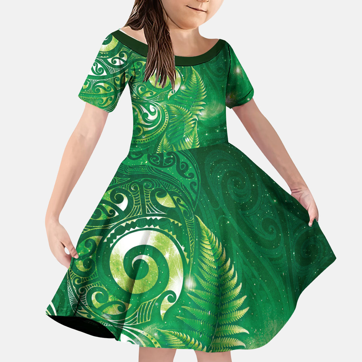 Aotearoa New Zealand New Year Kid Short Sleeve Dress Tribal Koru Tattoo Green Galaxy Maori Silver Fern