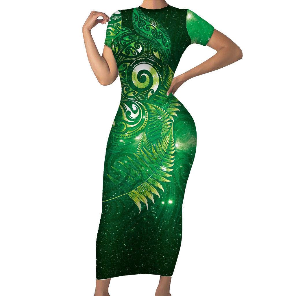 Aotearoa New Zealand New Year Short Sleeve Bodycon Dress Tribal Koru Tattoo Green Galaxy Maori Silver Fern LT03 Long Dress Green - Polynesian Pride