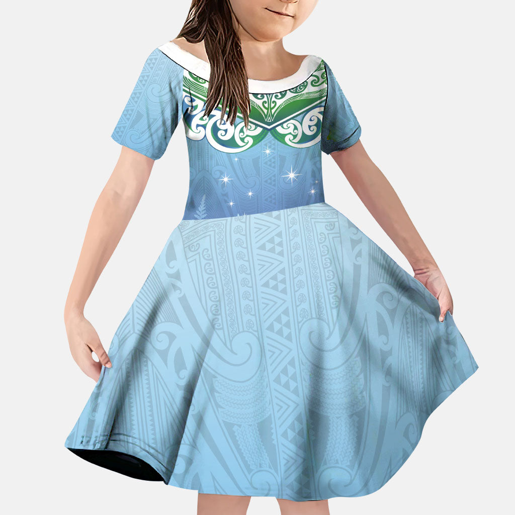 Aotearoa New Zealand New Year Family Matching Long Sleeve Bodycon Dress and Hawaiian Shirt Maori Motifs with Silver Fern and Matariki Stars LT03 Daughter's Dress Multicolor - Polynesian Pride
