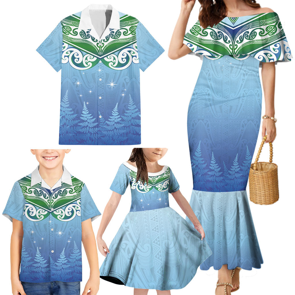 Aotearoa New Zealand New Year Family Matching Mermaid Dress and Hawaiian Shirt Maori Motifs with Silver Fern and Matariki Stars