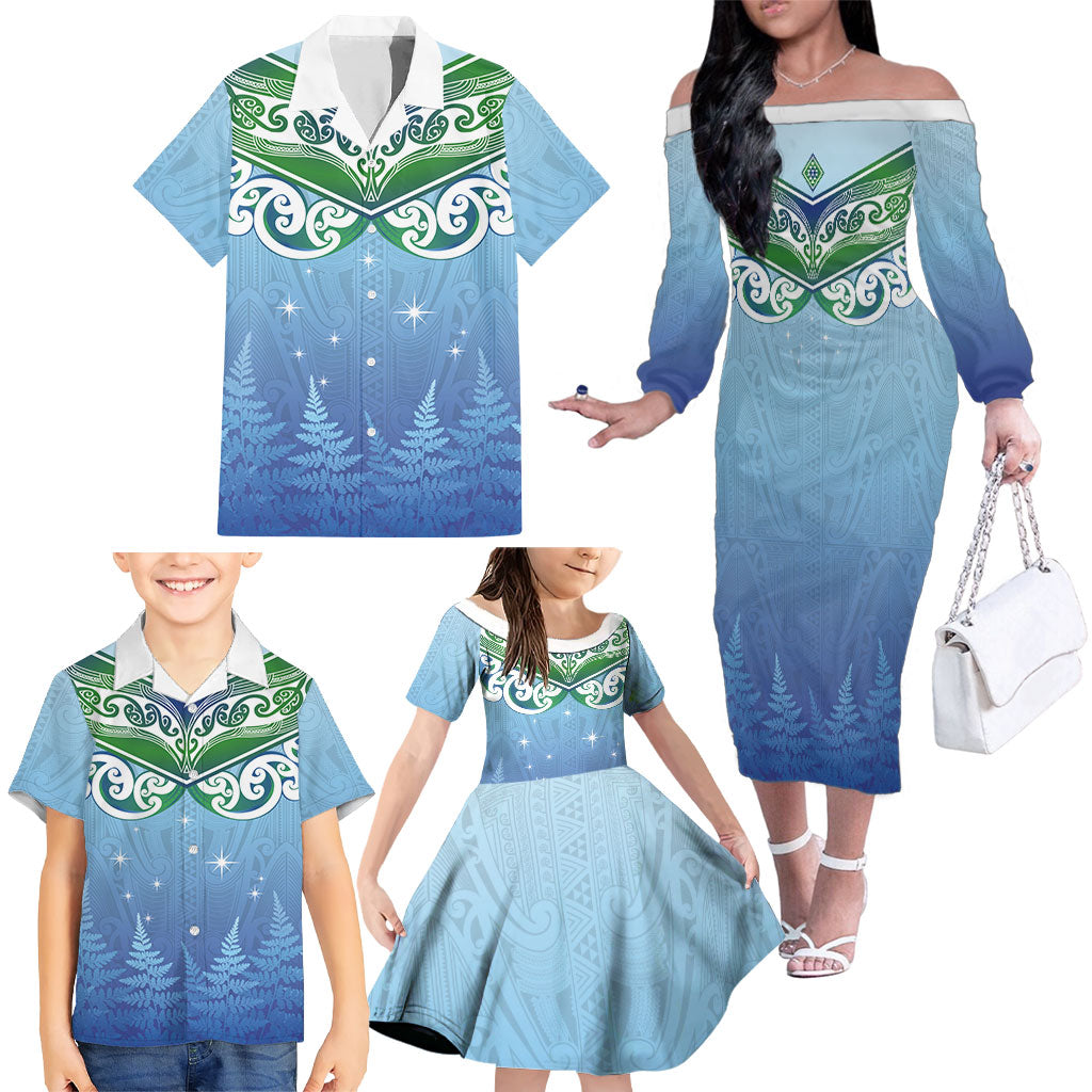 Aotearoa New Zealand New Year Family Matching Off The Shoulder Long Sleeve Dress and Hawaiian Shirt Maori Motifs with Silver Fern and Matariki Stars LT03 - Polynesian Pride