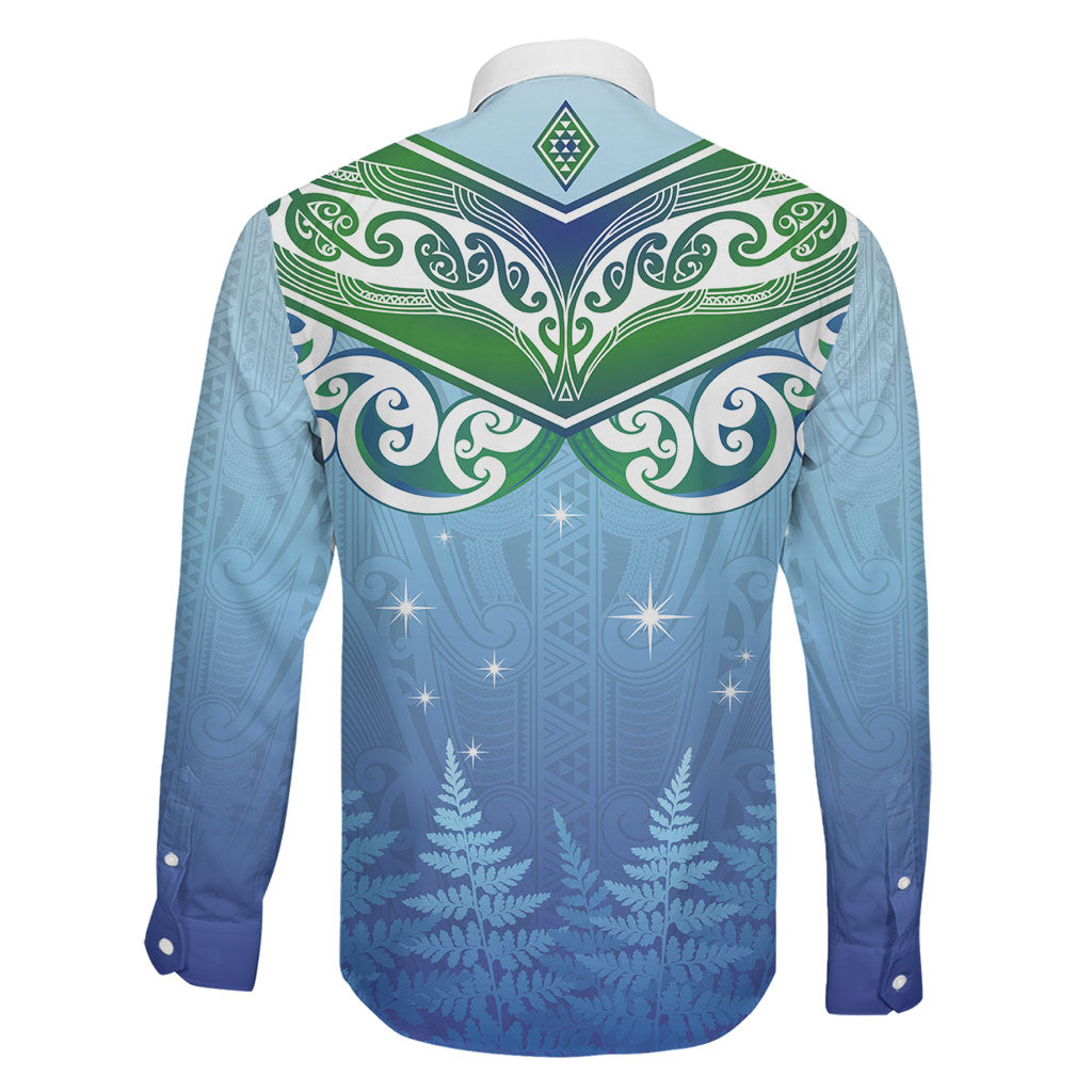 Aotearoa New Zealand New Year Family Matching Off The Shoulder Long Sleeve Dress and Hawaiian Shirt Maori Motifs with Silver Fern and Matariki Stars LT03 - Polynesian Pride