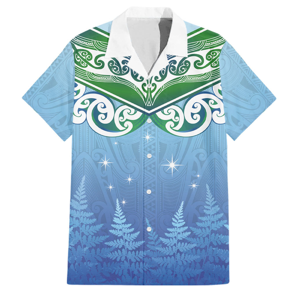 Aotearoa New Zealand New Year Family Matching Off Shoulder Maxi Dress and Hawaiian Shirt Maori Motifs with Silver Fern and Matariki Stars LT03 Dad's Shirt - Short Sleeve Multicolor - Polynesian Pride