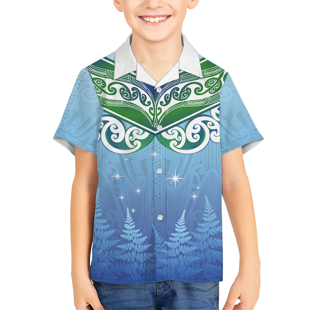 Aotearoa New Zealand New Year Family Matching Off Shoulder Maxi Dress and Hawaiian Shirt Maori Motifs with Silver Fern and Matariki Stars LT03 Son's Shirt Multicolor - Polynesian Pride