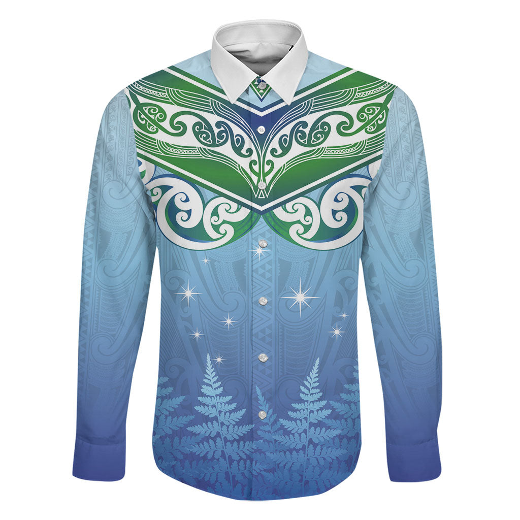 Aotearoa New Zealand New Year Family Matching Summer Maxi Dress and Hawaiian Shirt Maori Motifs with Silver Fern and Matariki Stars LT03 Dad's Shirt - Long Sleeve Multicolor - Polynesian Pride