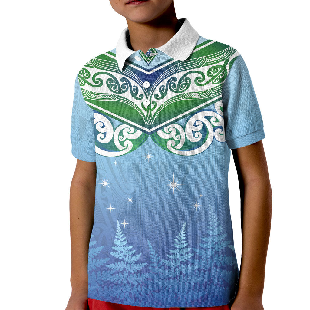 Aotearoa New Zealand New Year Kid Polo Shirt Maori Motifs with Silver Fern and Matariki Stars