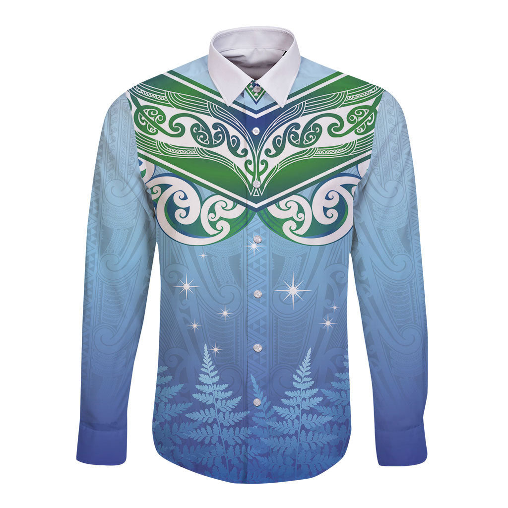 Aotearoa New Zealand New Year Long Sleeve Button Shirt Maori Motifs with Silver Fern and Matariki Stars