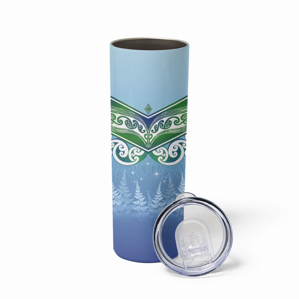 Aotearoa New Zealand New Year Skinny Tumbler Maori Motifs with Silver Fern and Matariki Stars LT03 - Polynesian Pride
