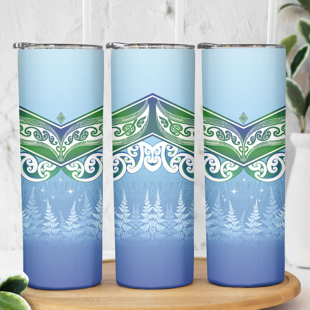 Aotearoa New Zealand New Year Skinny Tumbler Maori Motifs with Silver Fern and Matariki Stars LT03 - Polynesian Pride