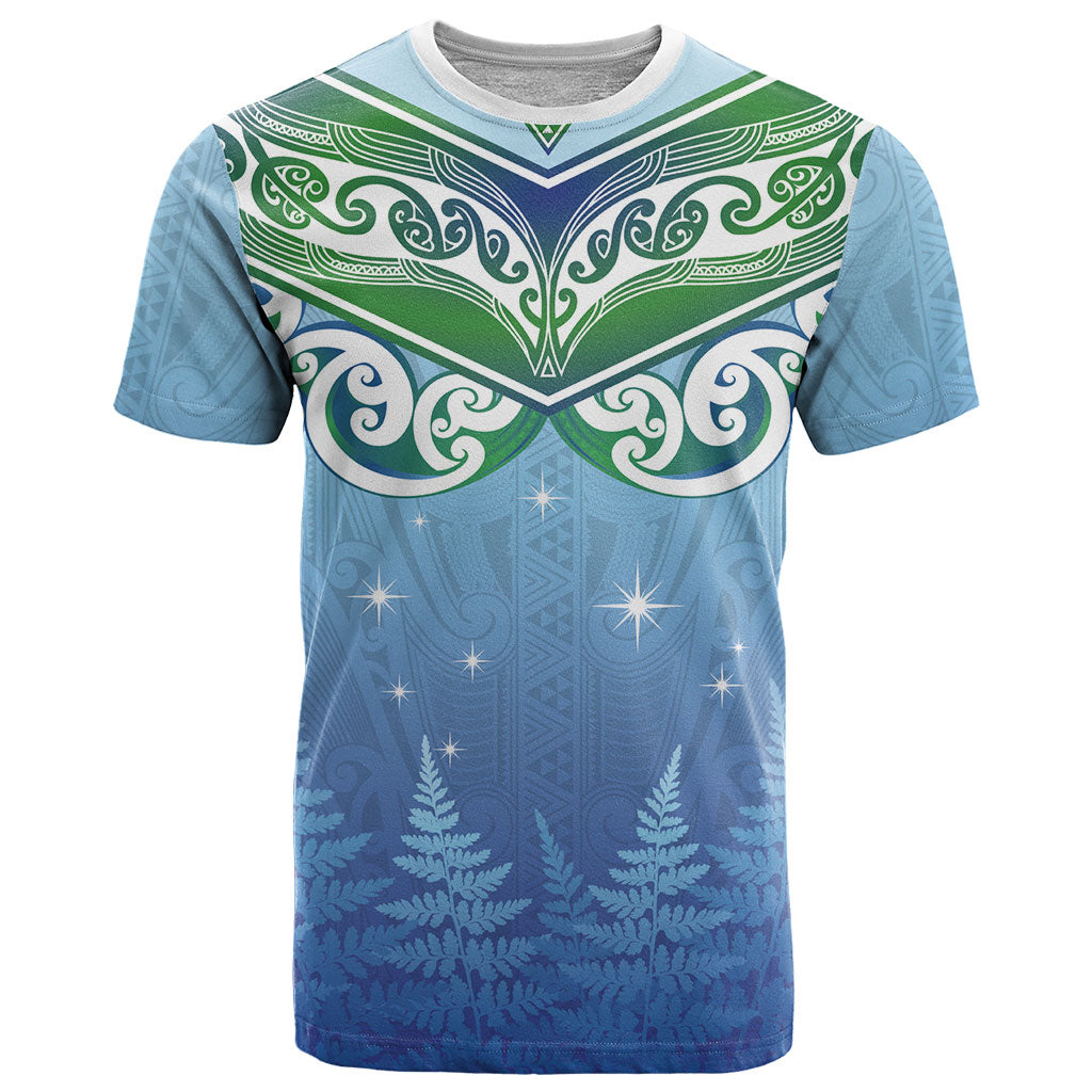 Aotearoa New Zealand New Year T Shirt Maori Motifs with Silver Fern and Matariki Stars