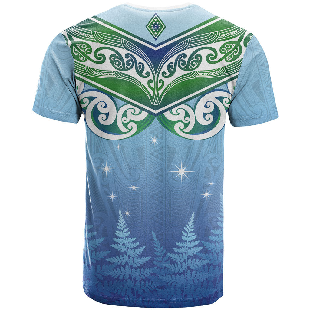 Aotearoa New Zealand New Year T Shirt Maori Motifs with Silver Fern and Matariki Stars