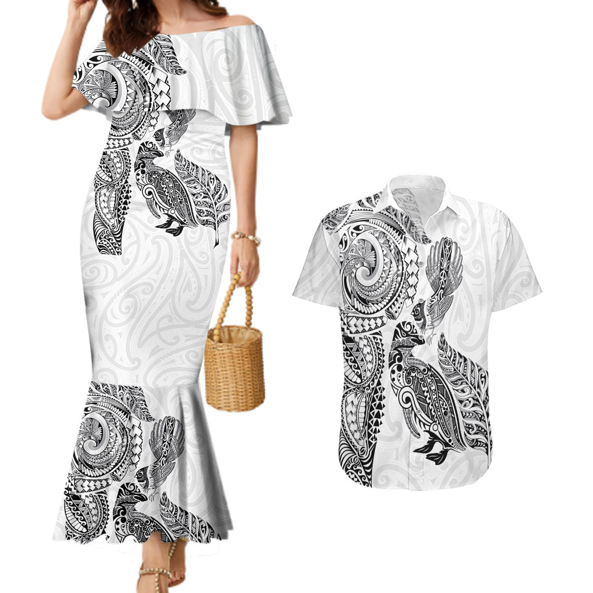 Aotearoa Moko Tribal Tattoo Couples Matching Mermaid Dress and Hawaiian Shirt New Zealand Maori Penguin and Fantail White Color LT03 White - Polynesian Pride