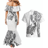 Aotearoa Moko Tribal Tattoo Couples Matching Mermaid Dress and Hawaiian Shirt New Zealand Maori Penguin and Fantail White Color LT03 - Polynesian Pride