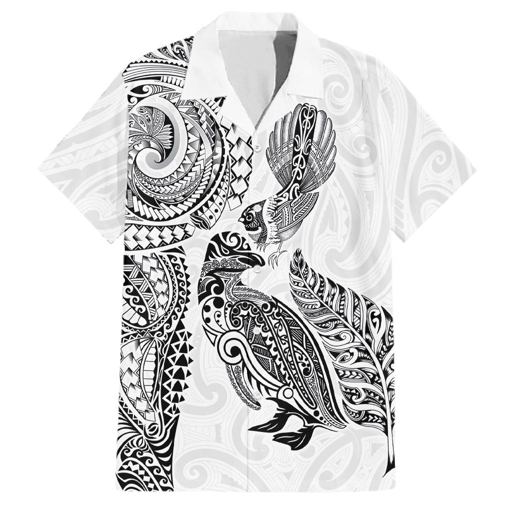 Aotearoa Moko Tribal Tattoo Family Matching Long Sleeve Bodycon Dress and Hawaiian Shirt New Zealand Maori Penguin and Fantail White Color LT03 Dad's Shirt - Short Sleeve White - Polynesian Pride
