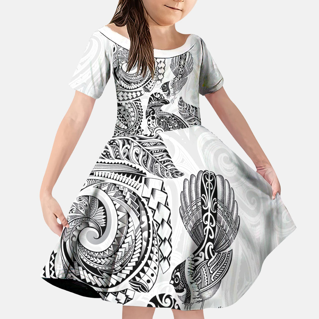 Aotearoa Moko Tribal Tattoo Family Matching Mermaid Dress and Hawaiian Shirt New Zealand Maori Penguin and Fantail White Color LT03 Daughter's Dress White - Polynesian Pride