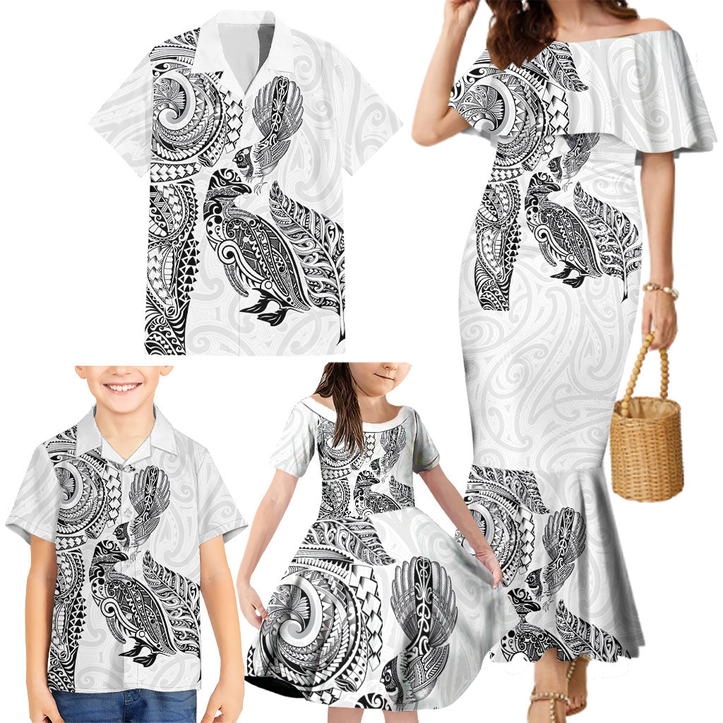 Aotearoa Moko Tribal Tattoo Family Matching Mermaid Dress and Hawaiian Shirt New Zealand Maori Penguin and Fantail White Color LT03 - Polynesian Pride