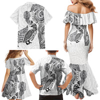 Aotearoa Moko Tribal Tattoo Family Matching Mermaid Dress and Hawaiian Shirt New Zealand Maori Penguin and Fantail White Color LT03 - Polynesian Pride