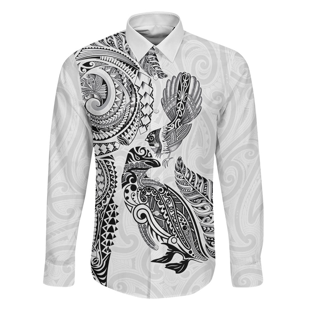 Aotearoa Moko Tribal Tattoo Family Matching Mermaid Dress and Hawaiian Shirt New Zealand Maori Penguin and Fantail White Color LT03 Dad's Shirt - Long Sleeve White - Polynesian Pride