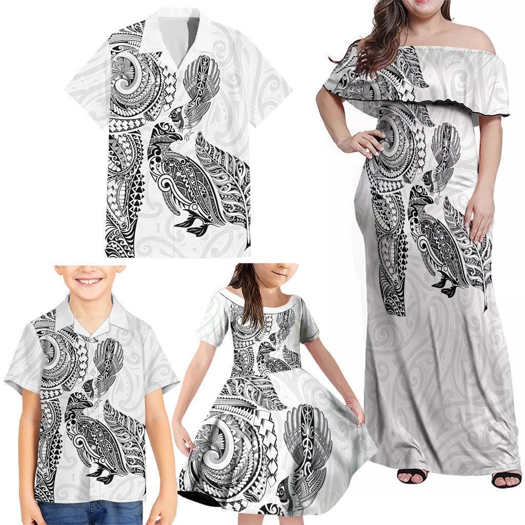 Aotearoa Moko Tribal Tattoo Family Matching Off Shoulder Maxi Dress and Hawaiian Shirt New Zealand Maori Penguin and Fantail White Color