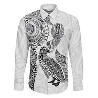 Aotearoa Moko Tribal Tattoo Family Matching Off Shoulder Maxi Dress and Hawaiian Shirt New Zealand Maori Penguin and Fantail White Color LT03 Dad's Shirt - Long Sleeve White - Polynesian Pride