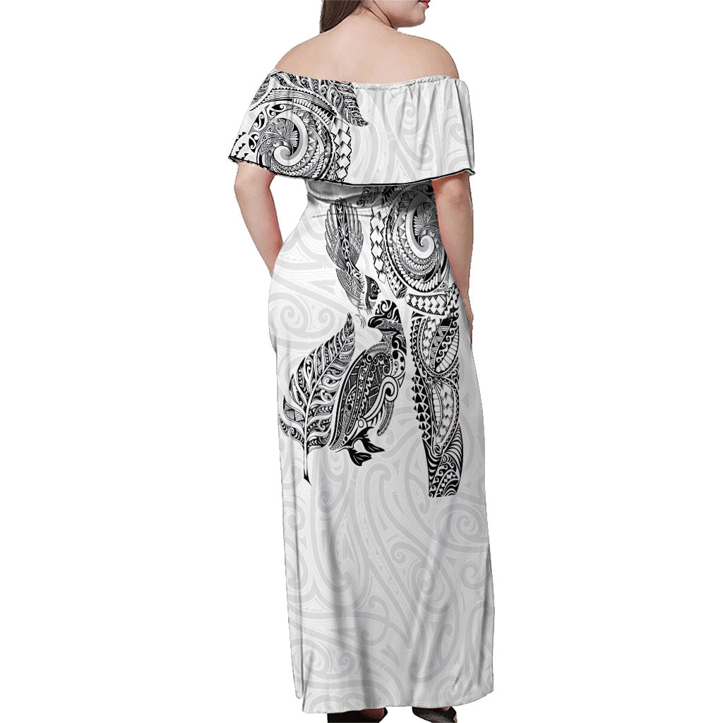 Aotearoa Moko Tribal Tattoo Family Matching Off Shoulder Maxi Dress and Hawaiian Shirt New Zealand Maori Penguin and Fantail White Color LT03 - Polynesian Pride