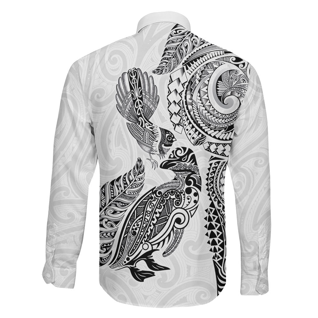 Aotearoa Moko Tribal Tattoo Family Matching Off Shoulder Short Dress and Hawaiian Shirt New Zealand Maori Penguin and Fantail White Color LT03 - Polynesian Pride