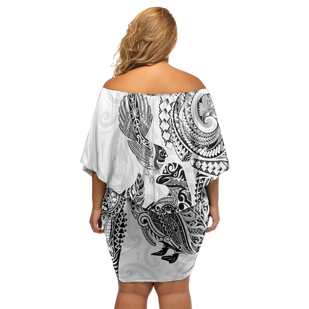 Aotearoa Moko Tribal Tattoo Family Matching Off Shoulder Short Dress and Hawaiian Shirt New Zealand Maori Penguin and Fantail White Color LT03 - Polynesian Pride
