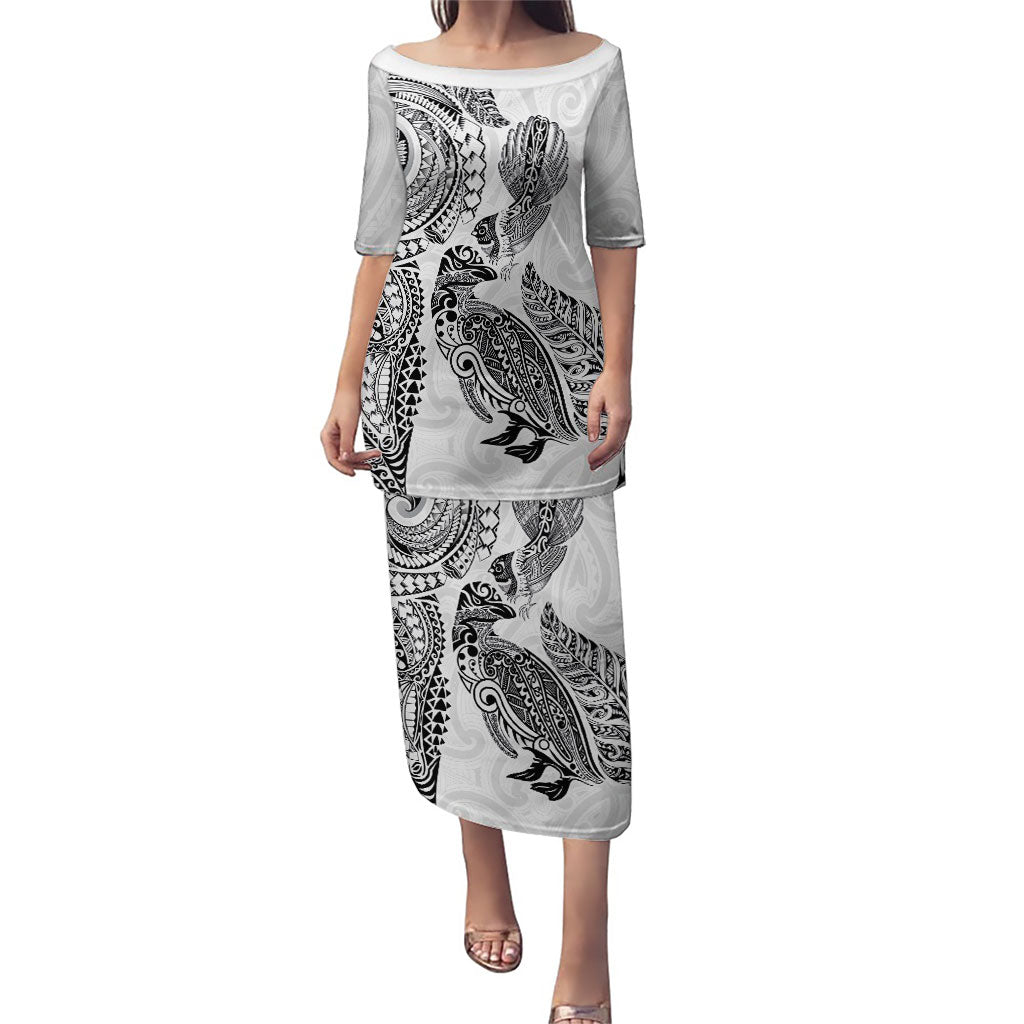Aotearoa Moko Tribal Tattoo Family Matching Puletasi and Hawaiian Shirt New Zealand Maori Penguin and Fantail White Color LT03 Mom's Dress White - Polynesian Pride