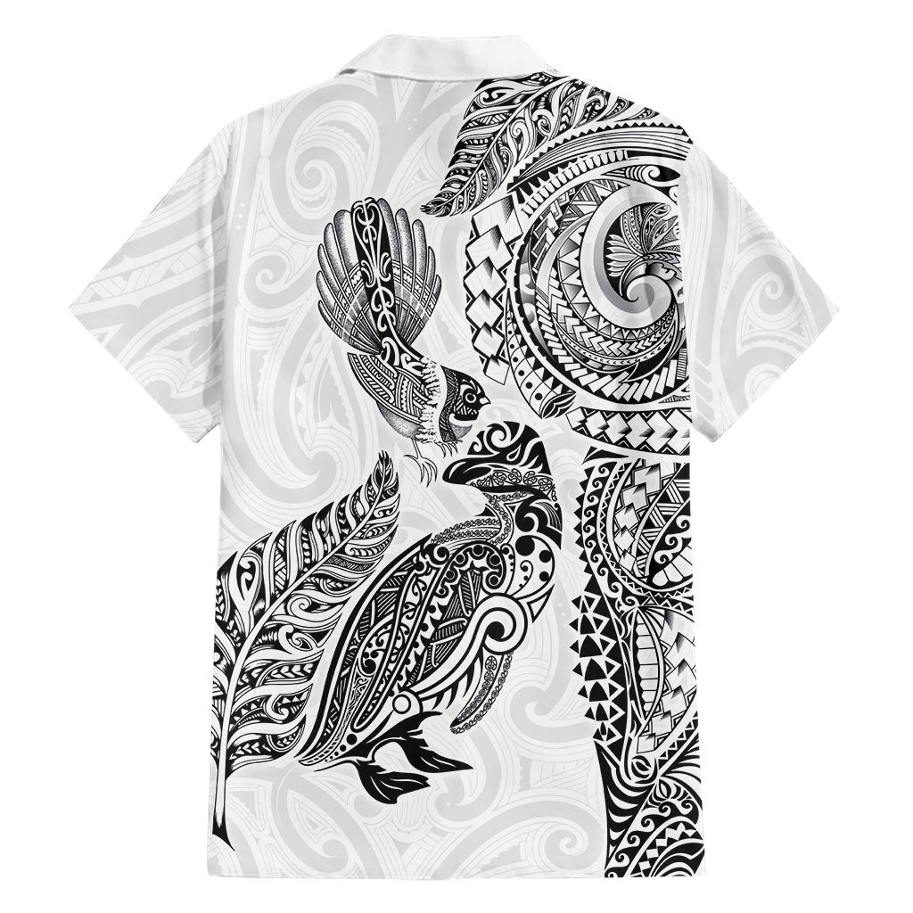 Aotearoa Moko Tribal Tattoo Family Matching Short Sleeve Bodycon Dress and Hawaiian Shirt New Zealand Maori Penguin and Fantail White Color LT03 - Polynesian Pride