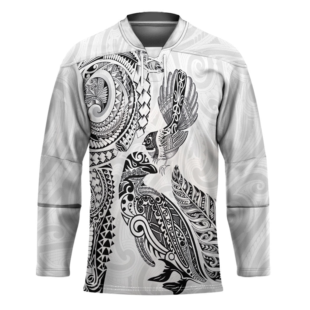 Aotearoa Moko Tribal Tattoo Hockey Jersey New Zealand Maori Penguin and Fantail White Color