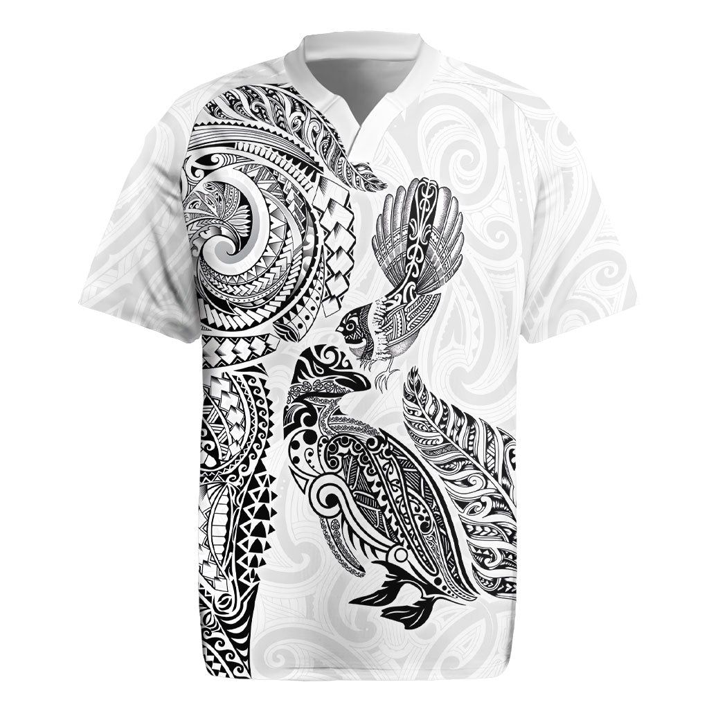 Aotearoa Moko Tribal Tattoo Rugby Jersey New Zealand Maori Penguin and Fantail White Color
