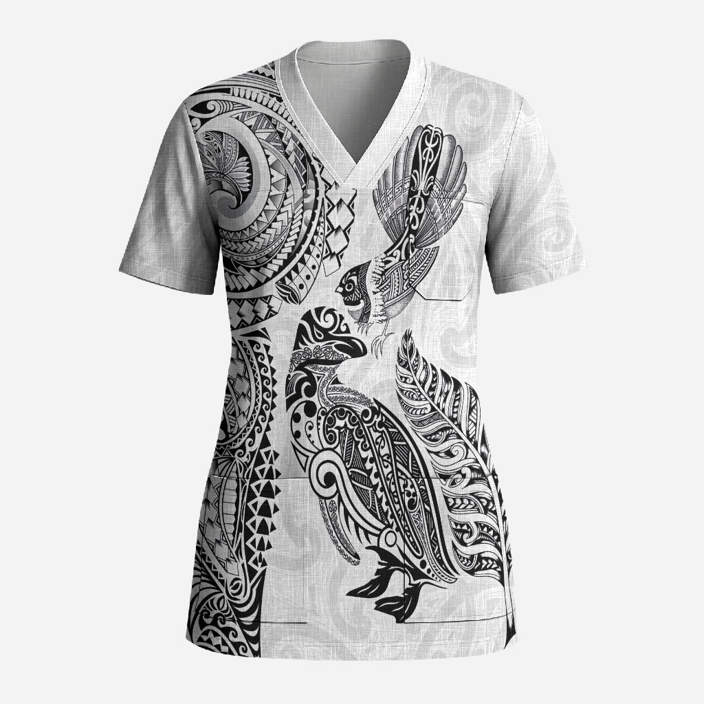 Aotearoa Moko Tribal Tattoo Scrub Top New Zealand Maori Penguin and Fantail White Color