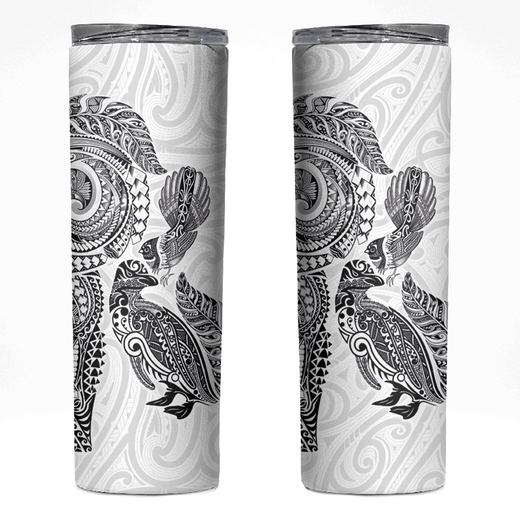 Aotearoa Moko Tribal Tattoo Skinny Tumbler New Zealand Maori Penguin and Fantail White Color LT03 White - Polynesian Pride