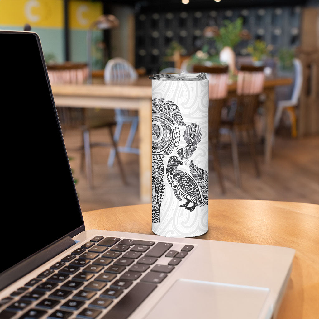 Aotearoa Moko Tribal Tattoo Skinny Tumbler New Zealand Maori Penguin and Fantail White Color LT03 - Polynesian Pride