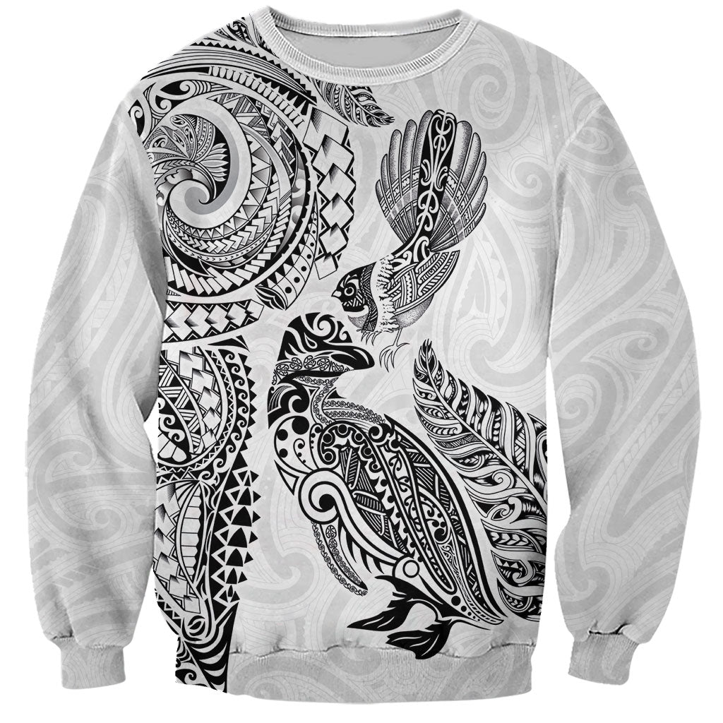 Aotearoa Moko Tribal Tattoo Sweatshirt New Zealand Maori Penguin and Fantail White Color LT03 Unisex White - Polynesian Pride