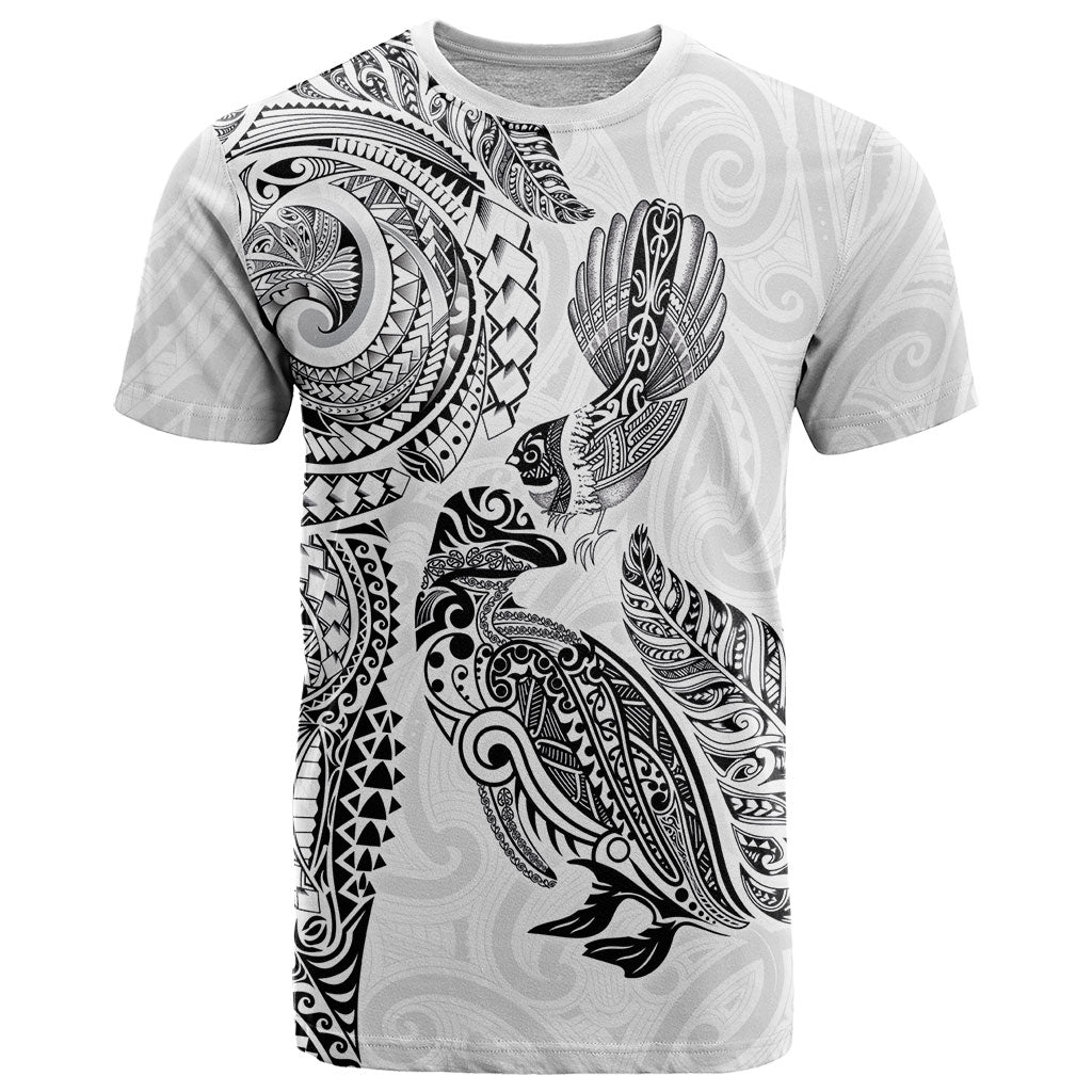 Aotearoa Moko Tribal Tattoo T Shirt New Zealand Maori Penguin and Fantail White Color