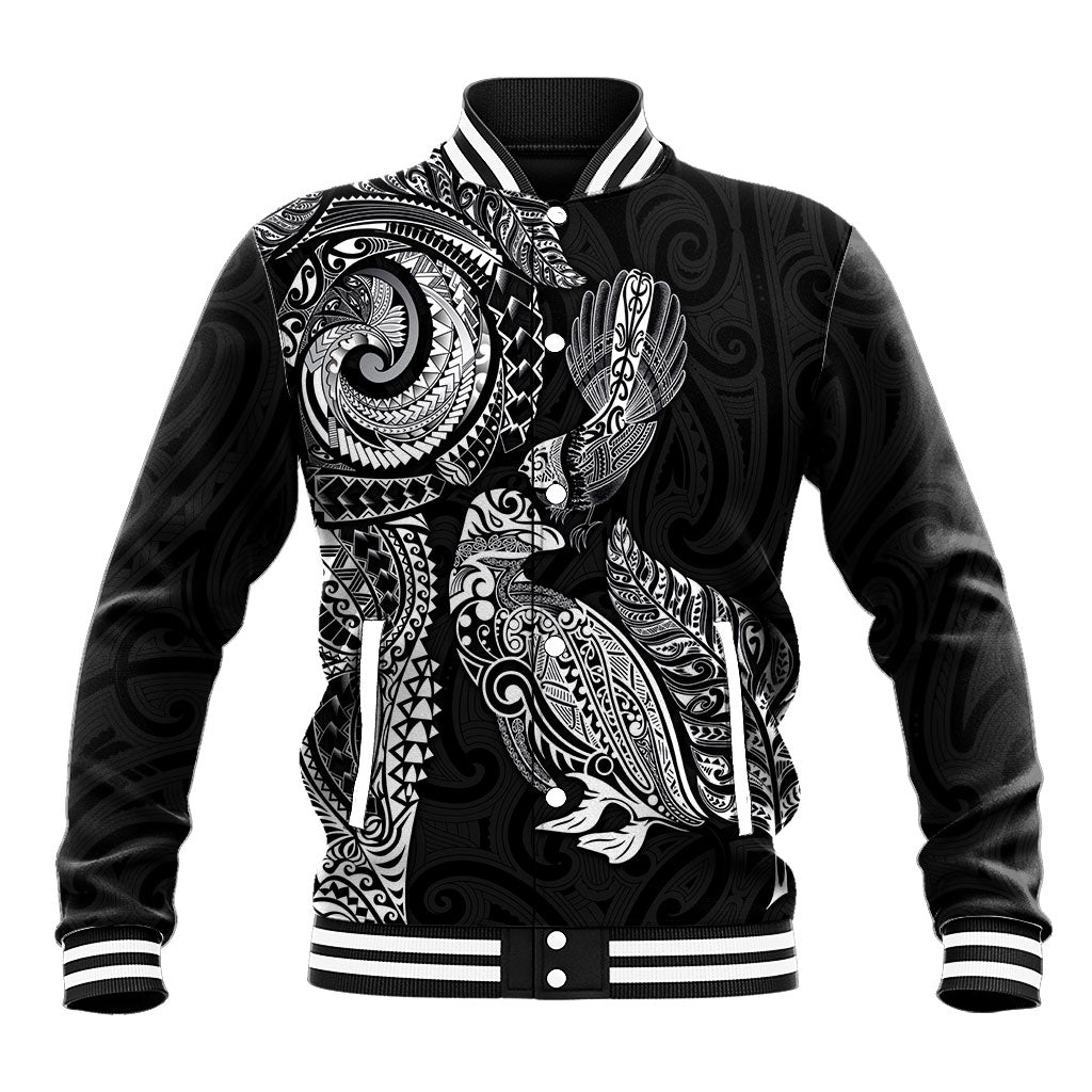 Aotearoa Moko Tribal Tattoo Baseball Jacket New Zealand Maori Penguin and Fantail Black Color