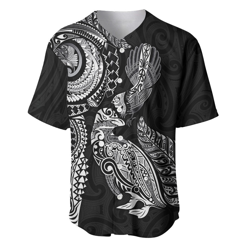 Aotearoa Moko Tribal Tattoo Baseball Jersey New Zealand Maori Penguin and Fantail Black Color
